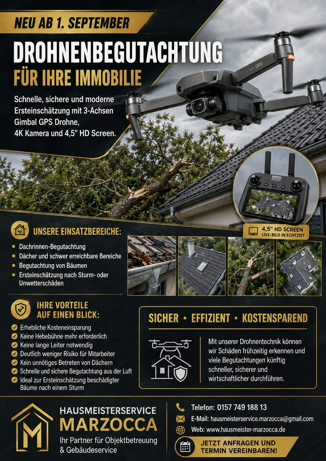 Flyer der Hausmeisterservice Marzocca Drohnenbegutachtung: Einsatzbereiche und Vorteile im Überblick