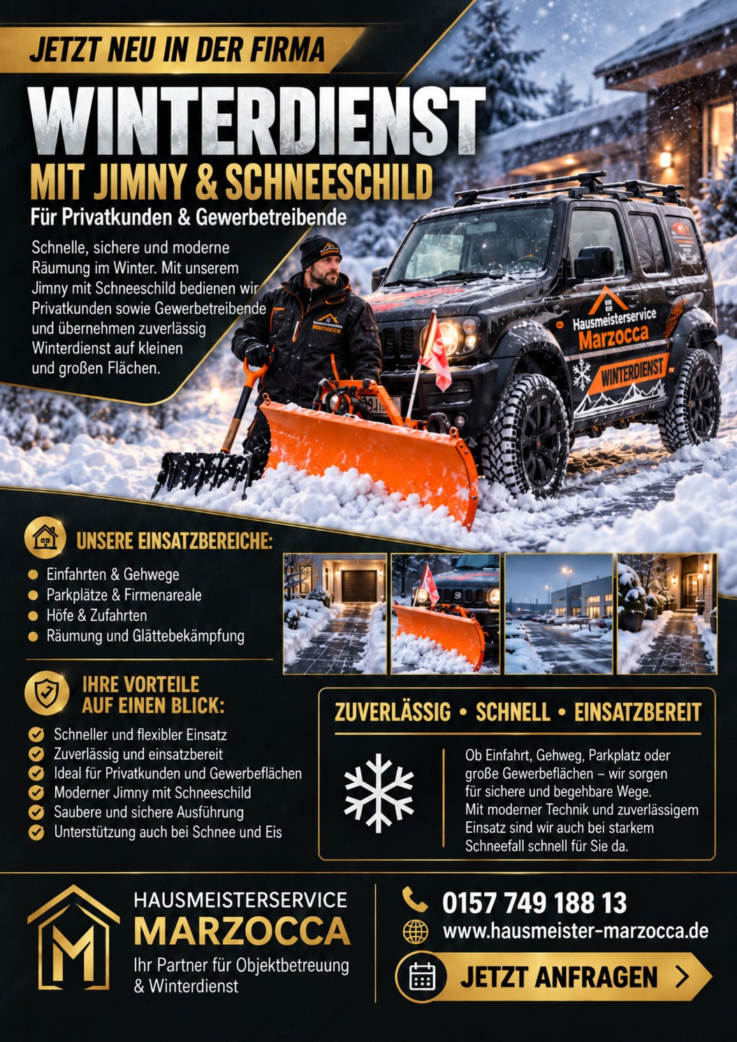 Flyer Hausmeisterservice Marzocca Winterdienst mit Jimny und Schneeschild: Einsatzbereiche und Vorteile im Überblick